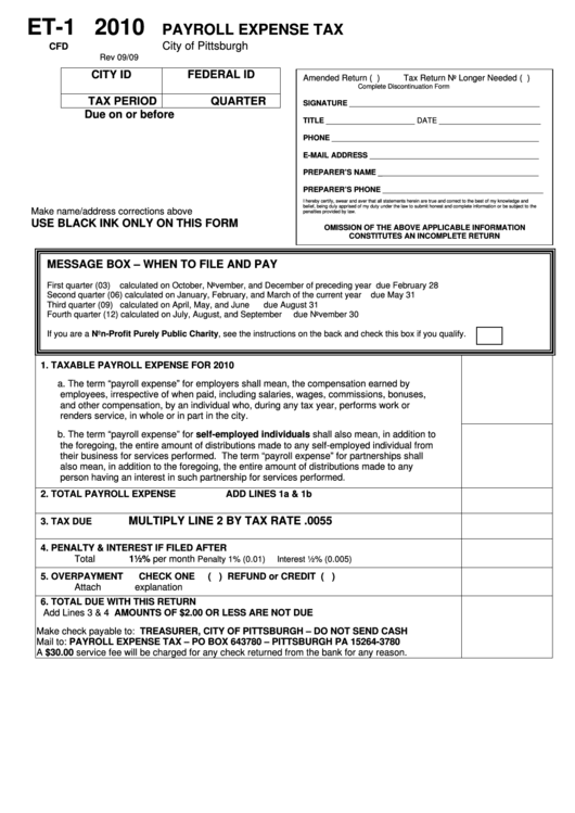 Form Et-1 - Payroll Expense Tax - City Of Pittsburgh - 2010 Printable pdf