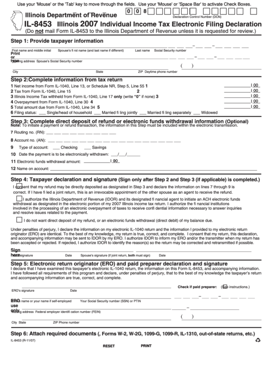 Fillable Form Il-8453 - Individual Income Tax Electronic Filing Declaration - 2007 Printable pdf