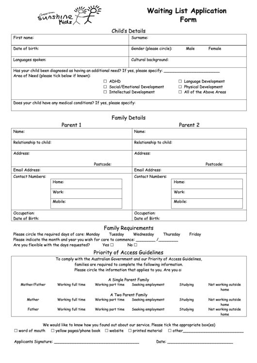 Waiting List Application Form Printable pdf