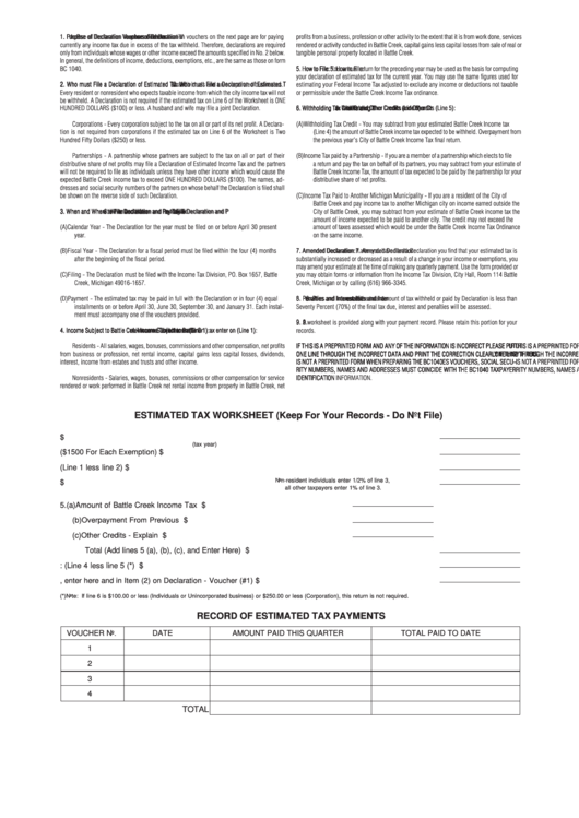 Estimated Tax Worksheet - Record Of Estimated Tax Payments Printable pdf