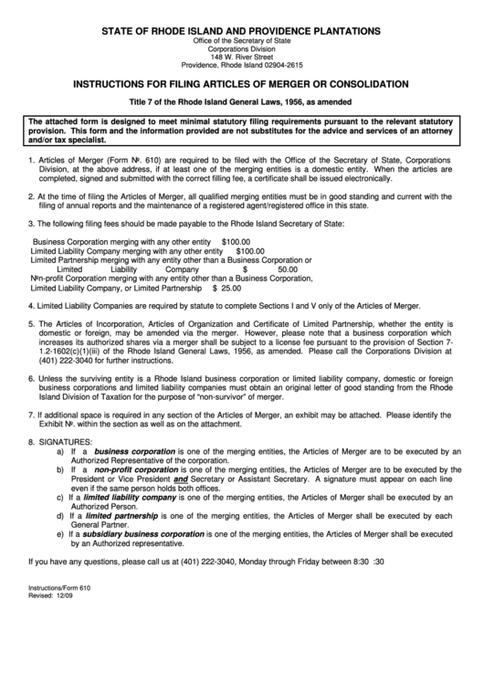 Fillable Form No. 610 - Articles Of Merger Or Consolidation June 2006 Printable pdf