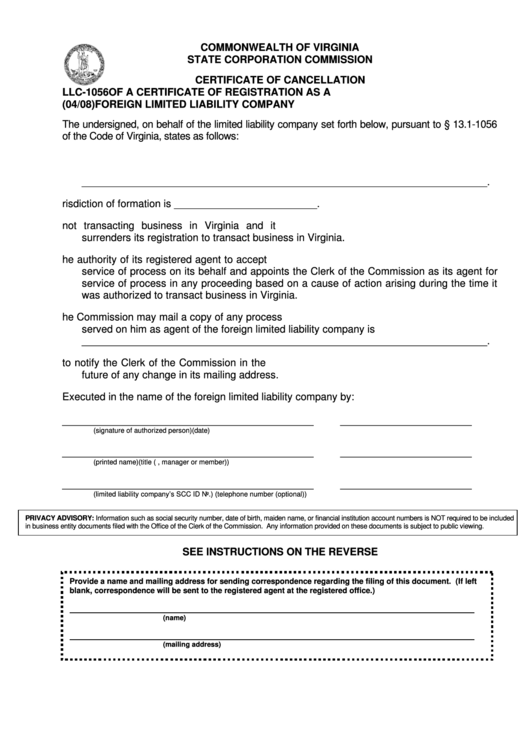 Form Llc-1056 - Certificate Of Cancellation Of A Certificate Of Registration As A Foreign Limited Liability Company Printable pdf