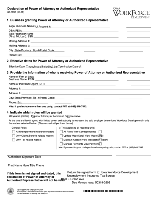 Form 68-0092 - Declaration Of Power Of Attorney Or Authorized Representative Printable pdf