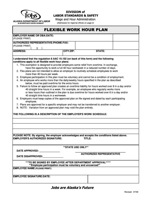 Flexible Work Hour Plan Form - Division Of Labor Standards & Safety Printable pdf