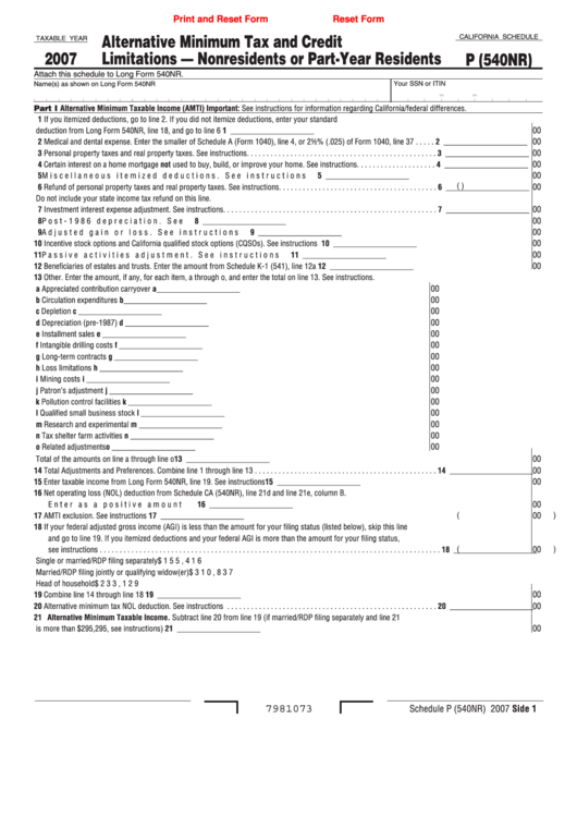 Fillable California Schedule P (540nr) - Alternative Minimum Tax And Credit Limitations - Nonresidents Or Part-Year Residents - 2007 Printable pdf