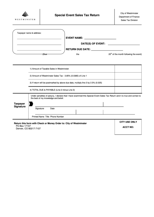 Fillable Special Event Sales Tax Return Form - City Of Westminster Sales Tax Division Printable pdf