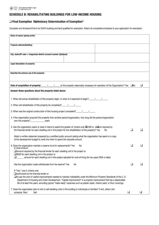 Fillable Form 50-310 - Schedule B: Rehabilitating Buildings For Low-Income Housing - 2003 Printable pdf