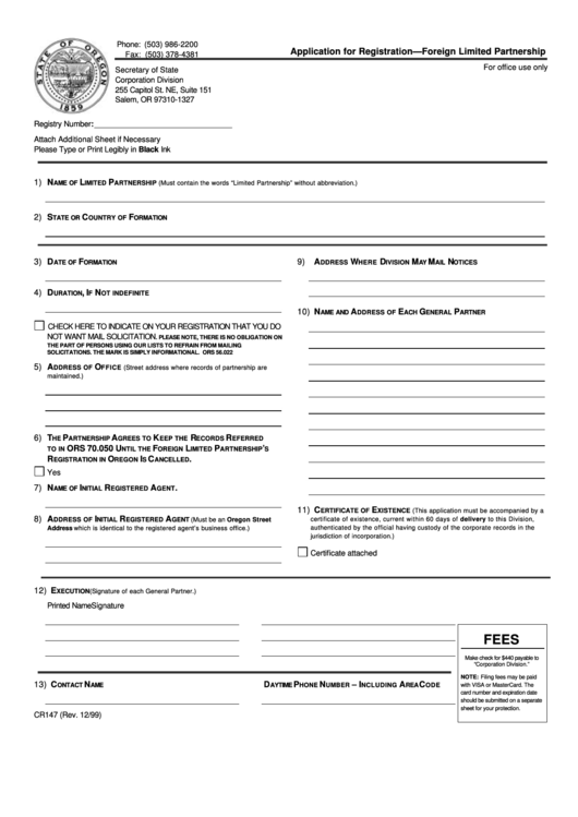 Fillable Form Cr 147 - Application For Registration - Forein Limited Partnership Printable pdf
