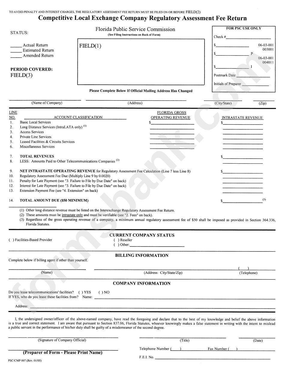 Form Psc/cmp 007 - Competitive Local Exchange Company Regulatory Assessment Fee Return