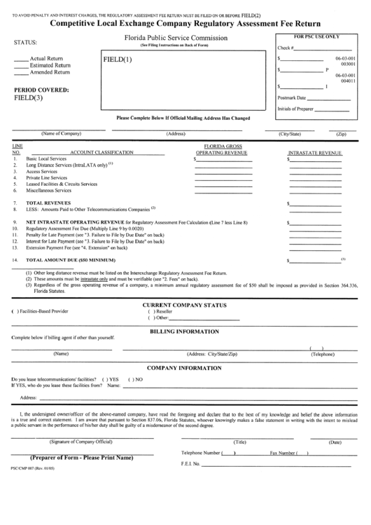 Form Psc/cmp 007 - Competitive Local Exchange Company Regulatory Assessment Fee Return Printable pdf