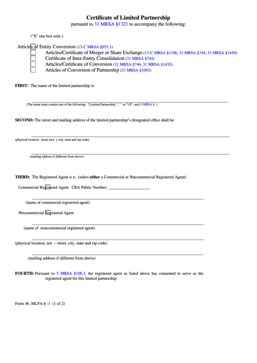 Fillable Form Mlpa-6 -1 - Certificate Of Limited Partnership/filer Contact Cover Letter Printable pdf