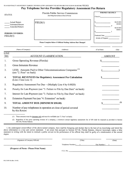 Form Psc/cmp 026 - Pay Telephone Service Provider Regulatory Assessment Fee Return Printable pdf