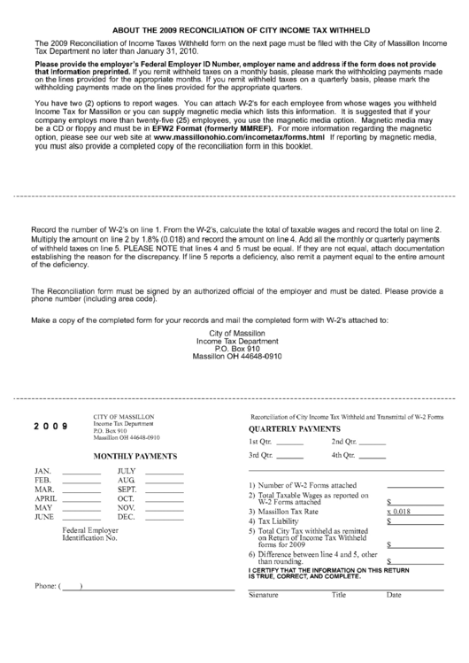 Reconciliation Of City Income Tax Withheld And Transmittal Of W-2 Form - 2009 Printable pdf