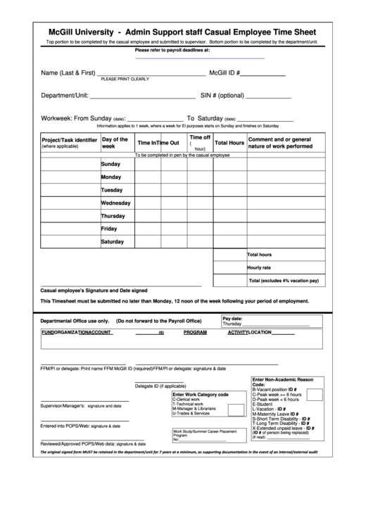 Administrative Support Staff Casual Employee Time Sheet Printable pdf