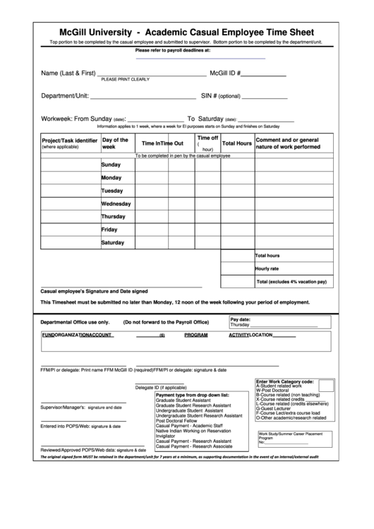 Academic Casual Employee Time Sheet Printable pdf