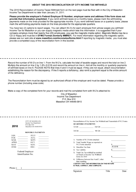 Reconciliation Of City Income Tax Withheld And Transmittal Of W-2 Form - 2010 Printable pdf