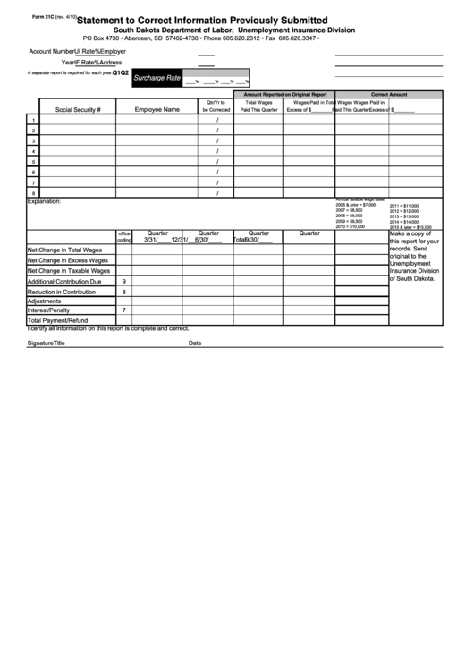 Form 21c - Statement To Correct Information Previously Submitted Printable pdf