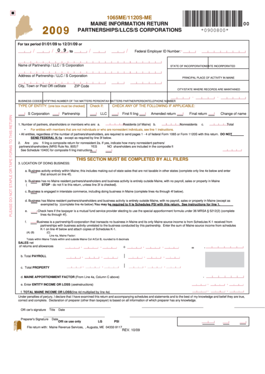 Form 1065me/1120s-Me - Maine Information Return Partnerships/llcs/s Corporations - 2009 Printable pdf