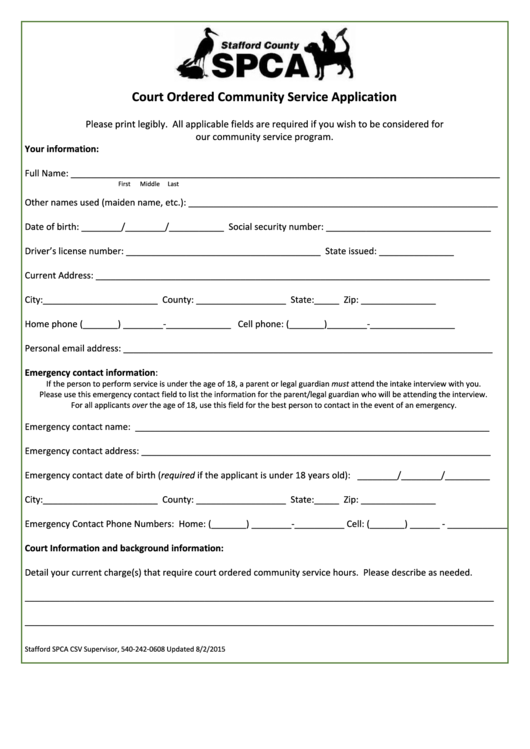 Court Ordered Community Service Application Form - Spca - Stafford County - Virginia Printable pdf