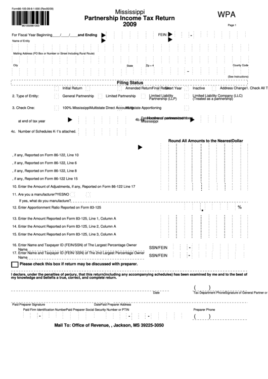 Fillable Form 86-105-09-8-1-000 - Partnership Income Tax Return - 2009 Printable pdf