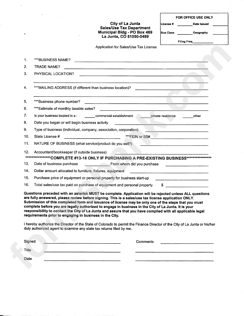 Application For Sales/use Tax License Form - City Of La Junta