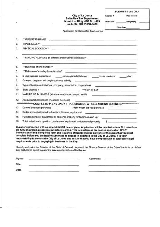 Application For Sales/use Tax License Form - City Of La Junta Printable pdf