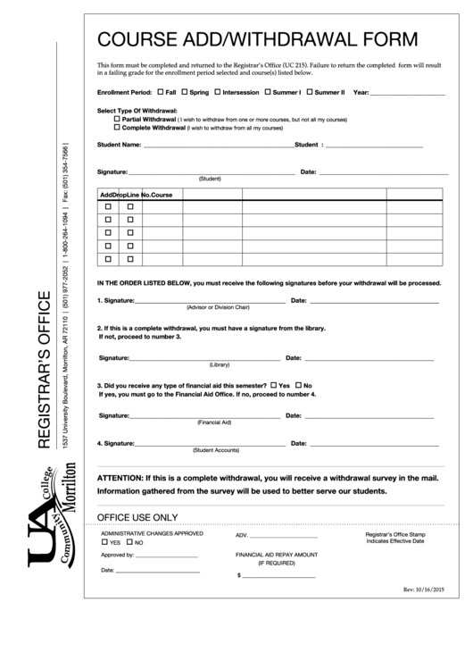 Fillable Course Add/withdrawal Form Printable pdf
