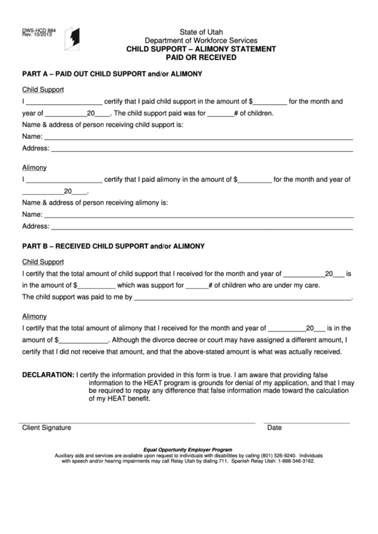Form Dws-Hcd 884 - Alimony And/or Child Support Form - Department Of Workforce Services - Utah Printable pdf