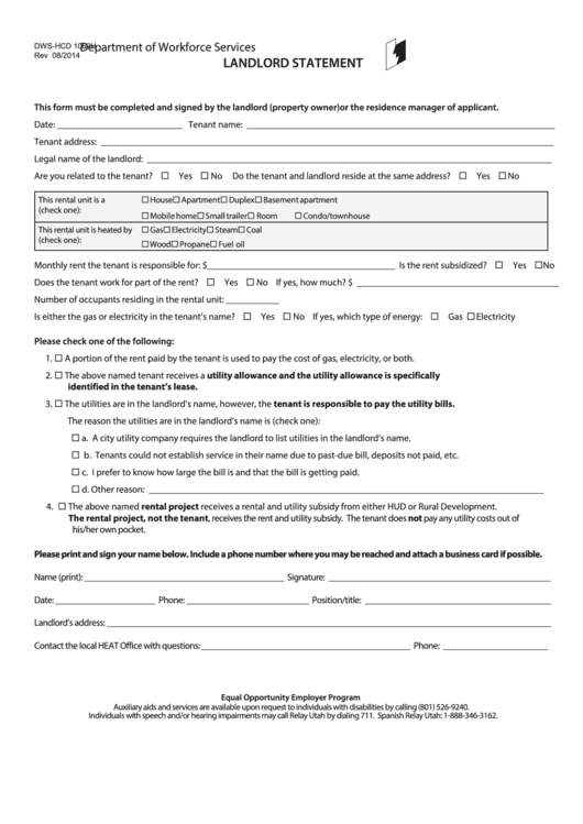 Form Dws-Hcd 1062h - Landlord Statement Form - Department Of Workforce Services - Utah Printable pdf