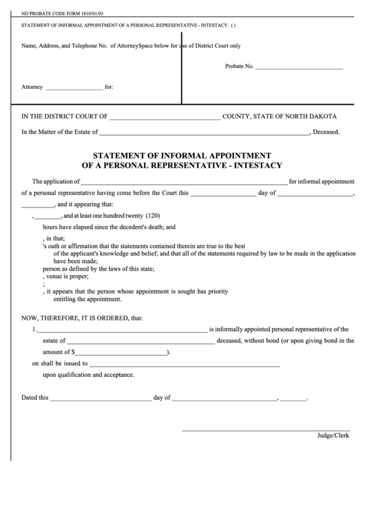 Form 18 - Statement Of Informal Appointment Of Personal Representative - Intestacy Form - North Dakota