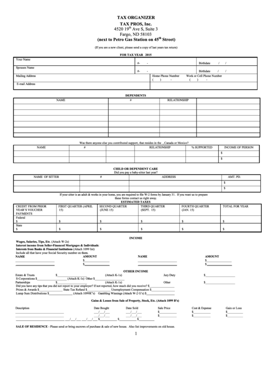 Tax Organizer Form - North Dakota Printable pdf