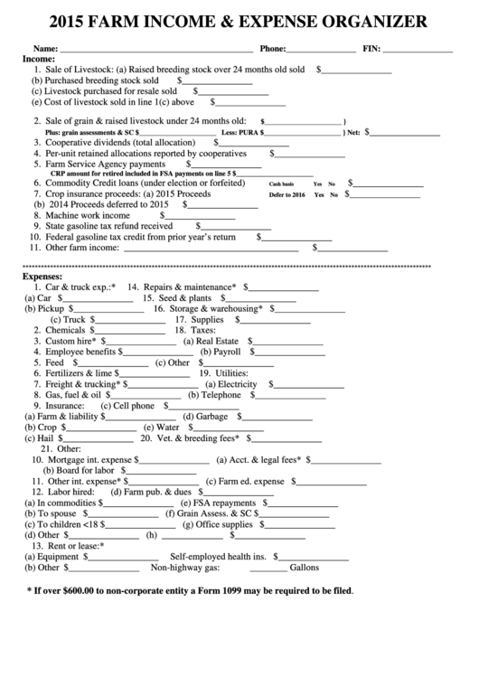 2015 Farm Income & Expense Organizer Form Printable pdf