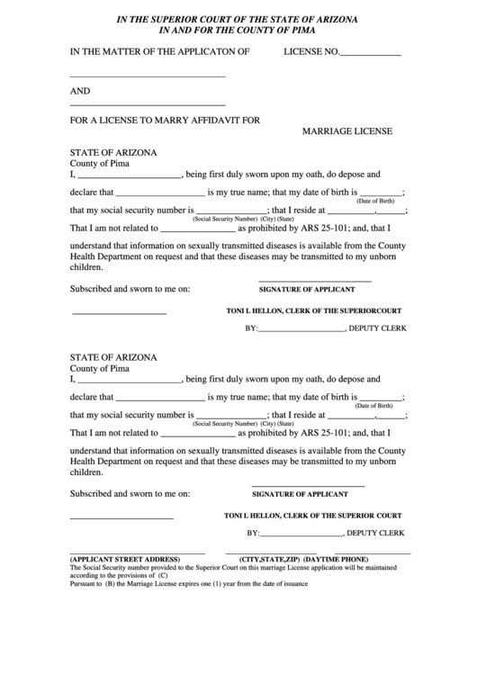 Marriage License Form - County Of Pima - Arizona Printable pdf