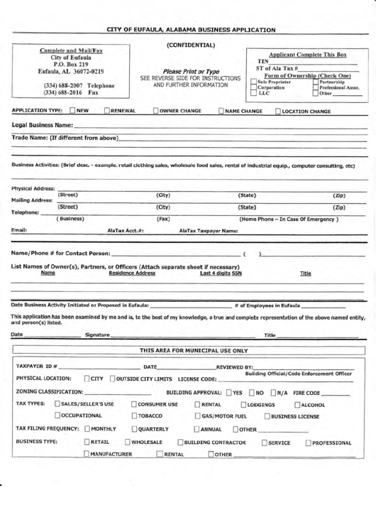Alabama Business Application Form - City Of Eufaula Printable pdf