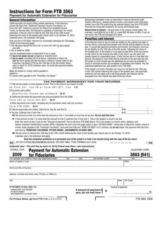 Fillable California Form 3563 (541) - Payment For Automatic Extension For Fiduciaries - 2009 Printable pdf