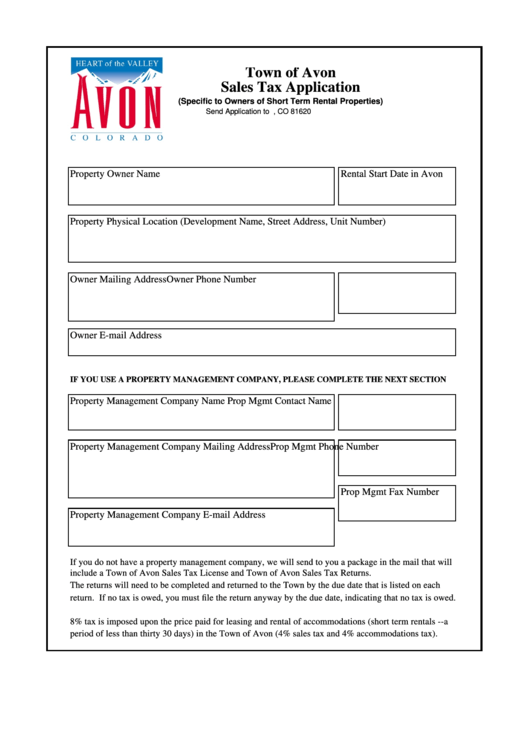 Sales Tax Application Form (Specific To Owners Of Short Term Rental Properties) - Town Of Avon Printable pdf