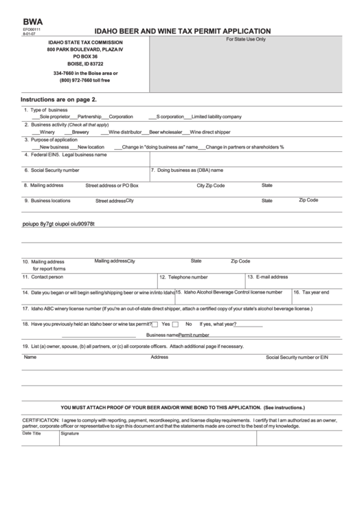 Fillable Form Bwa - Idaho Beer And Wine Tax Permit Application Printable pdf