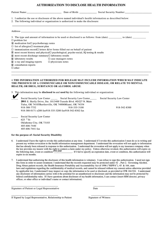 Fillable Authorization To Disclose Health Information Form - Oklahoma Printable pdf