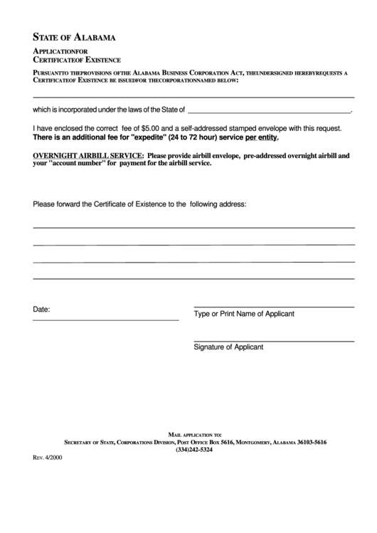 Application For Certificate Of Existence Form Printable pdf
