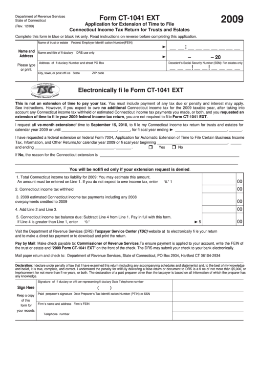 Form Ct-1041 Ext - Application For Extension Of Time To File Connecticut Income Tax Return For Trusts And Estates - 2009 Printable pdf