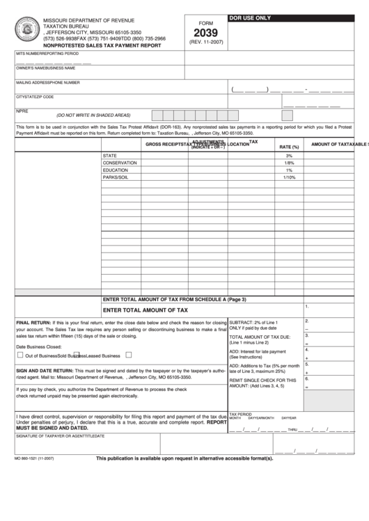Fillable Form 2039 - Nonprotested Sales Tax Payment Report Printable pdf