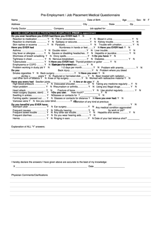 Pre-Employment/job Placement Medical Questionnaire Form Printable pdf