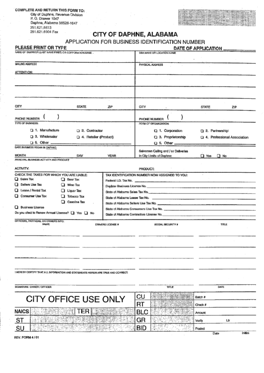 Application For Business Identification Number Form Printable pdf