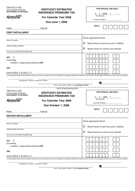 Form 74a110 - Kentucky Estimated Insurance Premiums Tax - 2008 Printable pdf