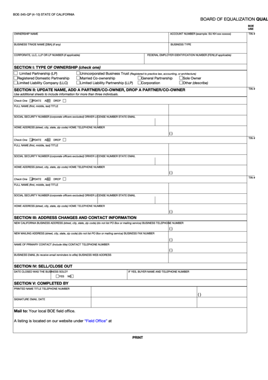 Fillable Form Boe-345-Qp - Qualified Purchaser - Registration Update Printable pdf