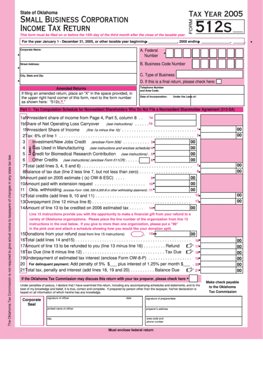 Fillable Form 512s - Small Business Corporation Income Tax Return - 2005 Printable pdf