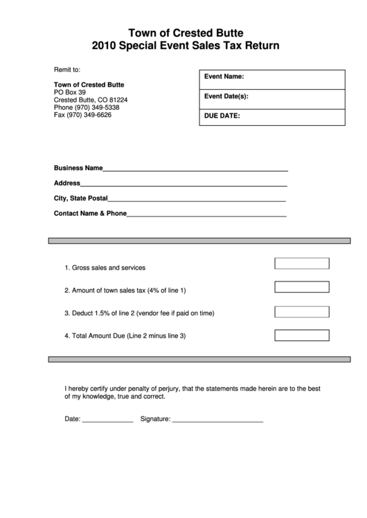 Fillable Special Event Return Form - Town Of Crested Butte - 2010 Printable pdf