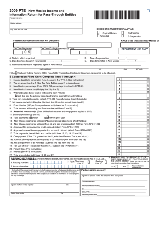 Form Pte - New Mexico Income And Information Return For Pass-Through Entities - 2009 Printable pdf