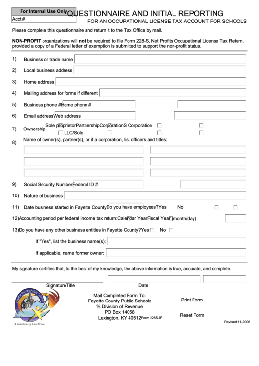 Fillable Form 228s-Ip - Questionnaire And Initial Reporting For An Occupational License Tax Account For Schools Printable pdf