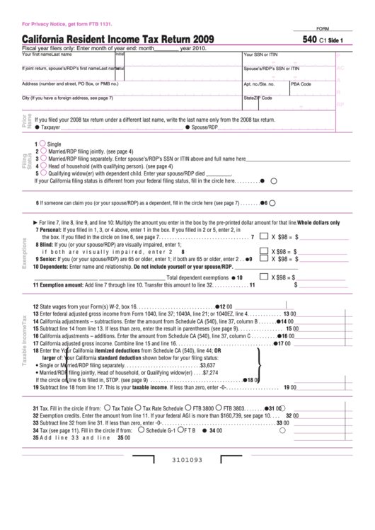 Fillable Form 540 C1 - California Resident Income Tax Retur - 2009 Printable pdf